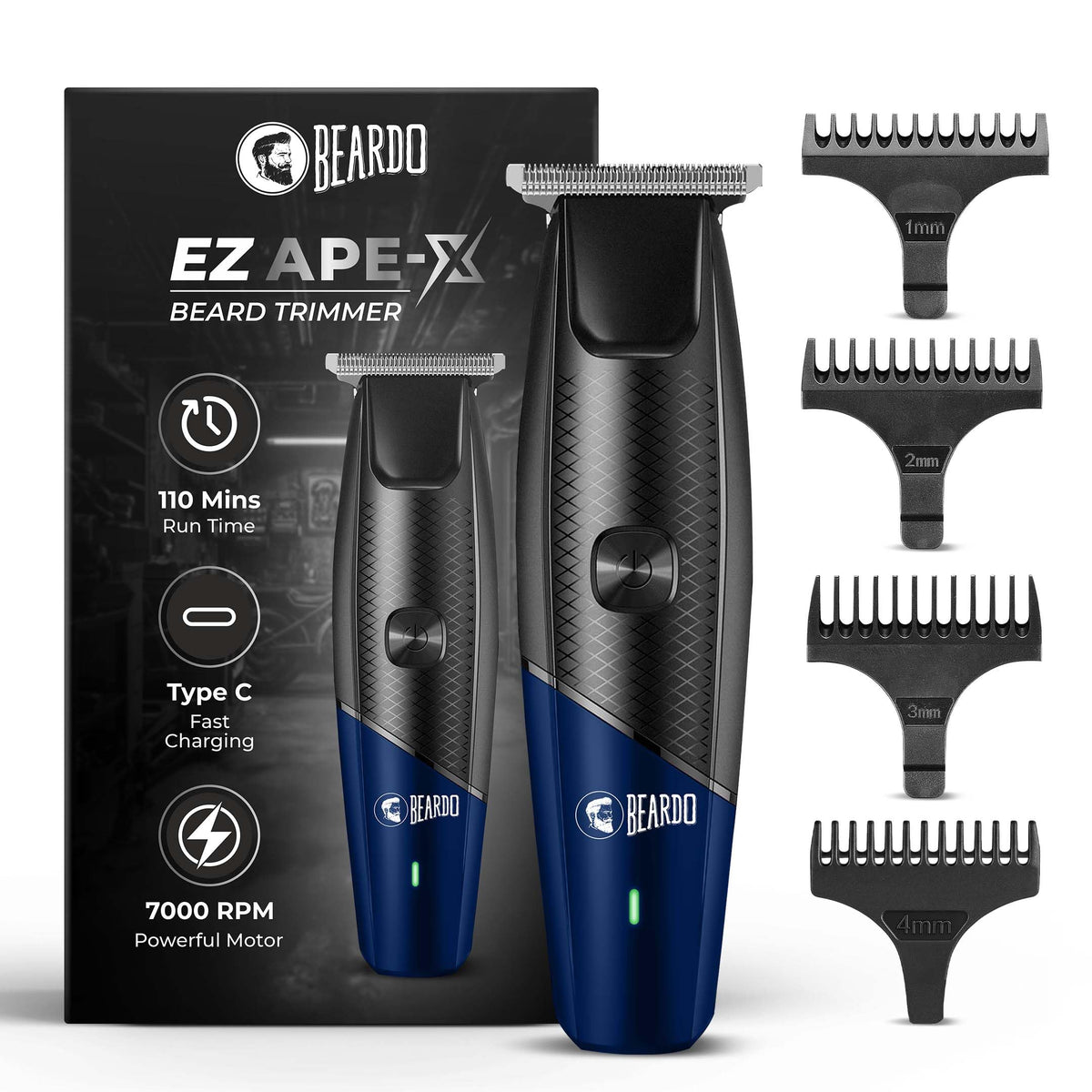 Beardo EZ Ape-X Beard Trimmer for Men | Trimmer for Gen Z | 110 Mins Runtime | 7000 RPM Powerful Motor | Multiple Length Settings | Durable Trimmer Black Apex E