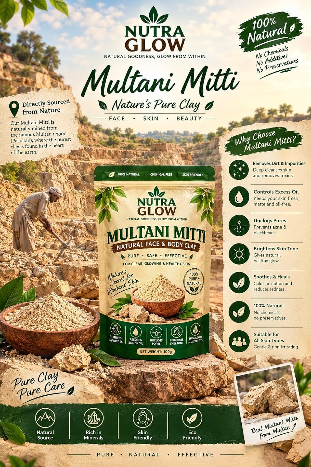 Nutra Glow Multani Mitti Natural Face & Body Clay 100g