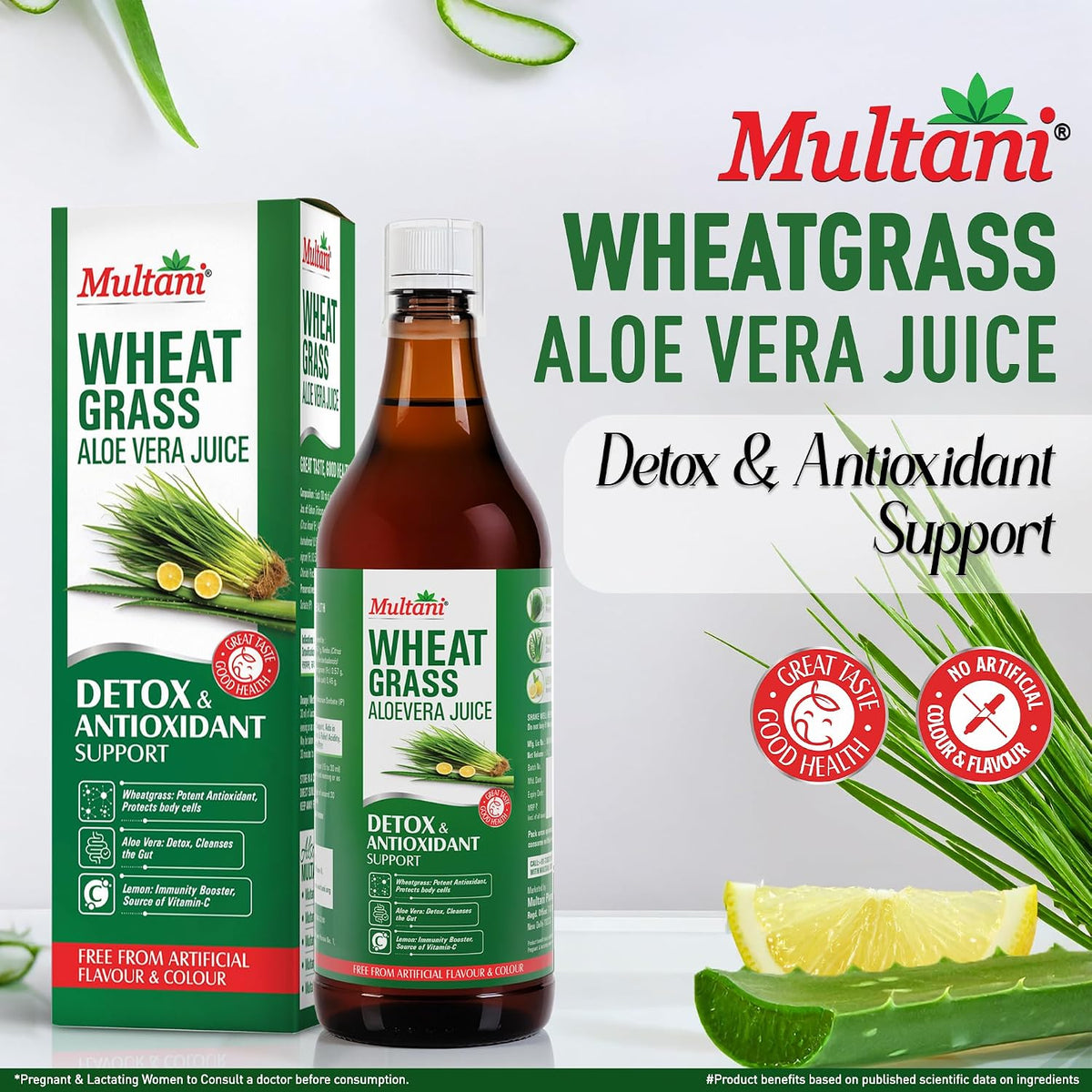Multani Wheatgrass Aloe Vera Juice 1L | Natural Detox & Gut Cleanse Drink with Wheatgrass, Aloe Vera & Lemon | Rich in Antioxidants & Vitamin C | Immunity Suppo