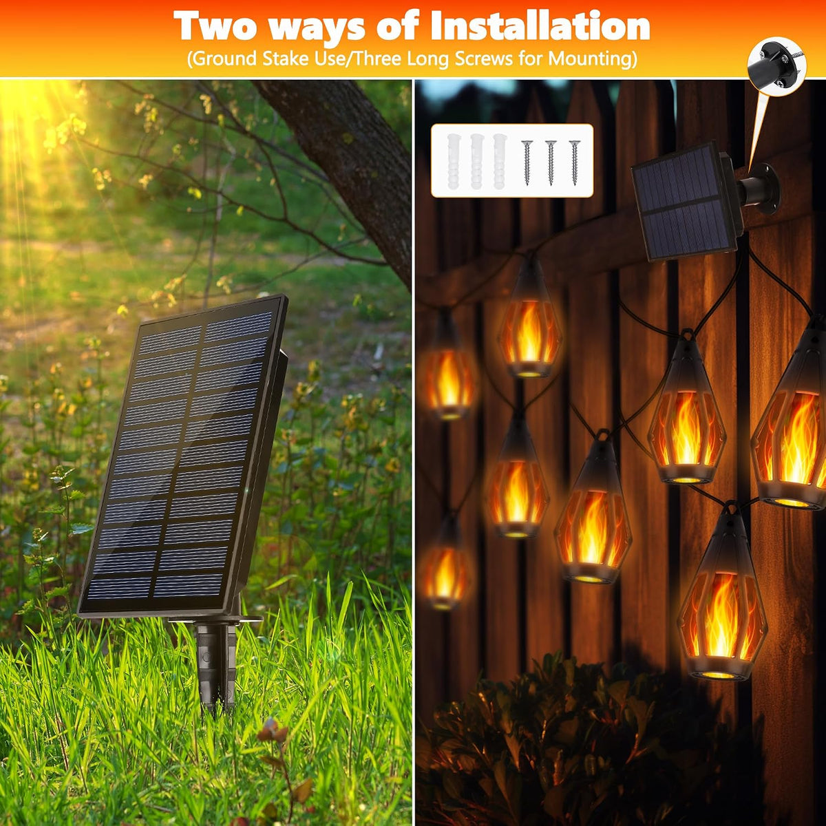 iBaycon Solar Halloween Lights, 27Ft 10 LED Bulbs Flickering Flame String Light, Outdoor Waterproof Solar Flame Lights for Garden Yard Patio Halloween Decoratio