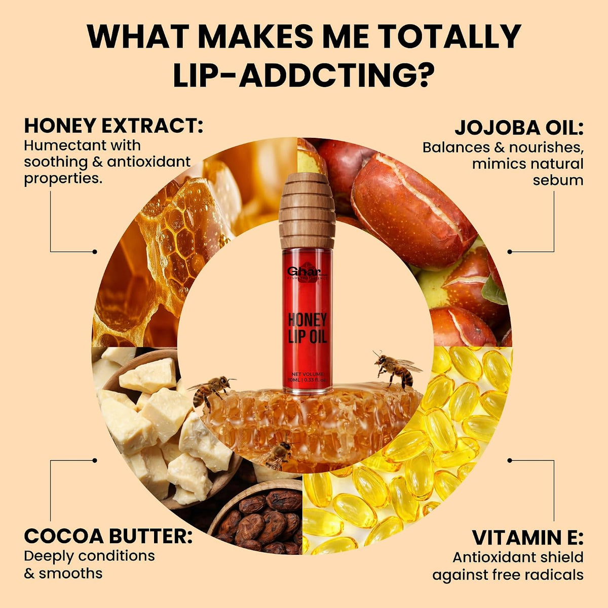 GHAR SOAPS Honey Lip Oil SPF 30 PA+ | Hydrating, Non-Sticky Gloss with Honey & Vitamin E (10 ml, Kiss Me Babe)
