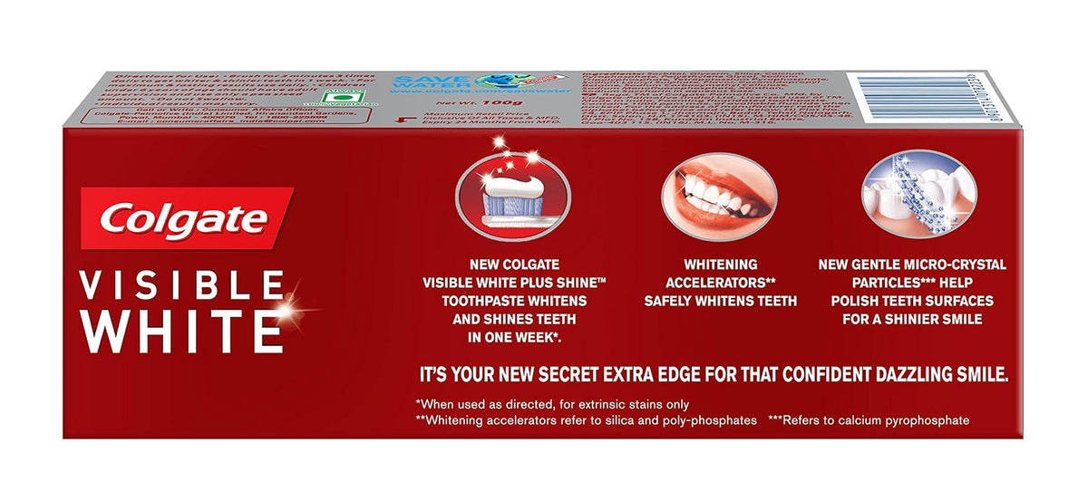 Colgate Toothpaste Visible White Plus Shine for Cavity Protection, Enamel Protection, Whitening, Plaque Removal (100g) Mint 100 g (Pack of 1)