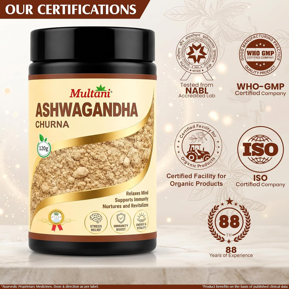 Multani Ashwagandha Churna 120 gm (Pack of 2) | Pure & Natural | Helpful In Stress Relief, Energy & Immunity | Ayurvedic Adaptogen | Withania Somnifera 120 g (P