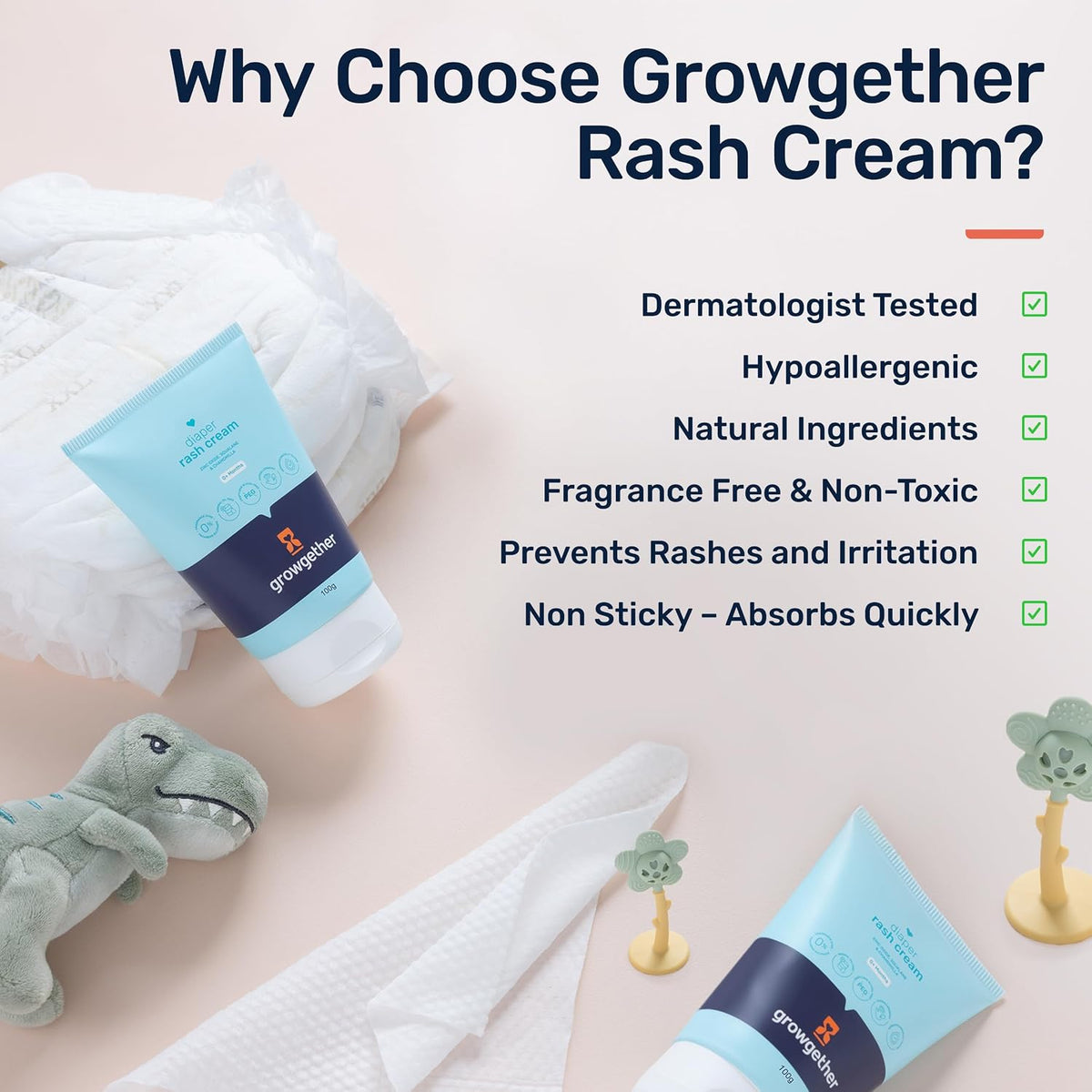 Growgether Baby Diaper Rash Cream | 3-in-1 Daily Protection with Zinc Oxide, Squalane & Chamomile, Hypoallergenic, Free from Parabens & Dyes, Fragrance-Free, No
