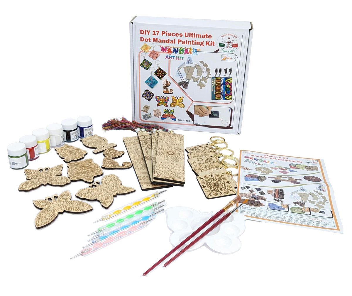 DIY 17 Pieces Ultimate Dot Mandala Painting Kit. Painting Kit with Pre-Mark Wooden Keychain (6), Fridge Magnets (7), Bookmark (4) Tools, Paint Brush, 6 Acrylic