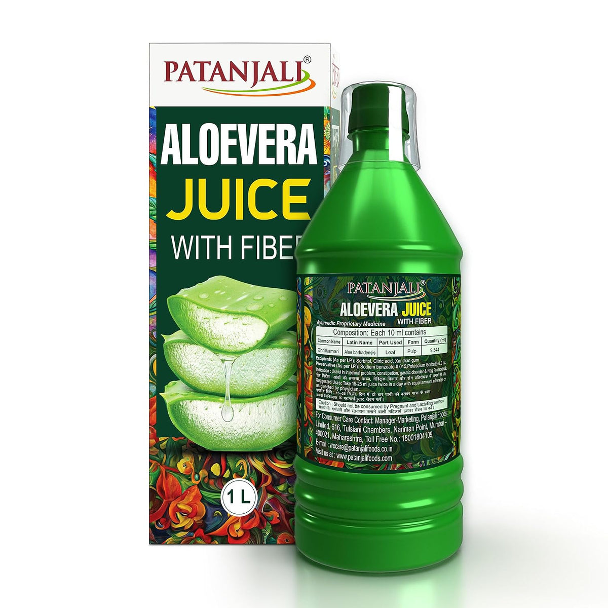 Patanjali Aloe Vera Juice with Fiber, Immunity Booster, Natural Indian Ayurvedic Drink, Gives Glowing Skin, Promotes Hair Growth, Rich in Dietary Fiber - 1L