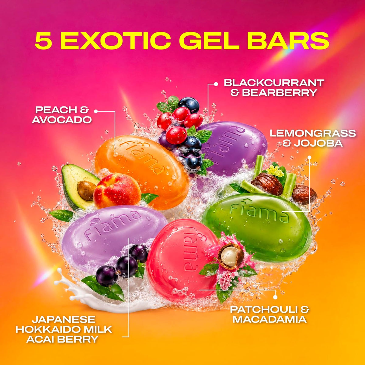 Fiama Gel Bar Mega Celebration Pack 1kg (125g Pack of 8) | 8 Unique Soap Variants | Moisturised Skin with 30% Smoothing Body Serum | Bathing Soap Gift Set for W