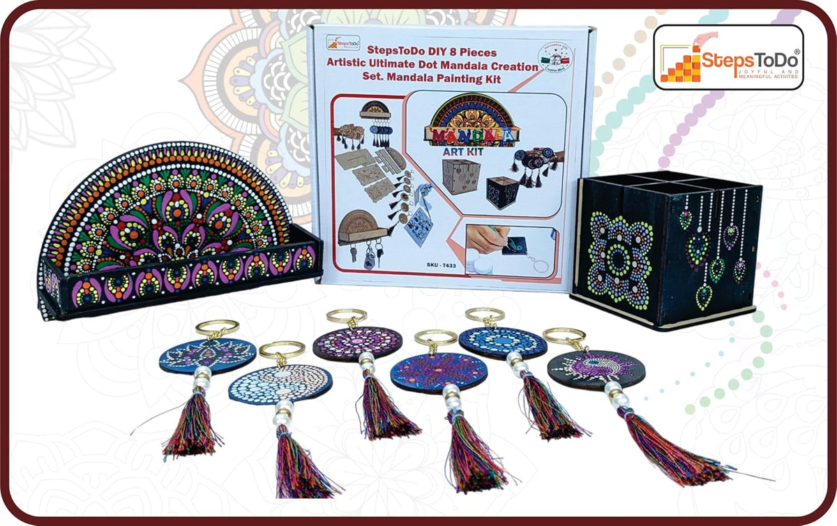 StepsToDo DIY 8 Pieces Artistic Dot Mandala Painting Kit. Dotting Tools (5),Pre-Mark Wooden Keychain (6),10 Hooks Key Holder (1), Desk Organizer (1), Paint Brus