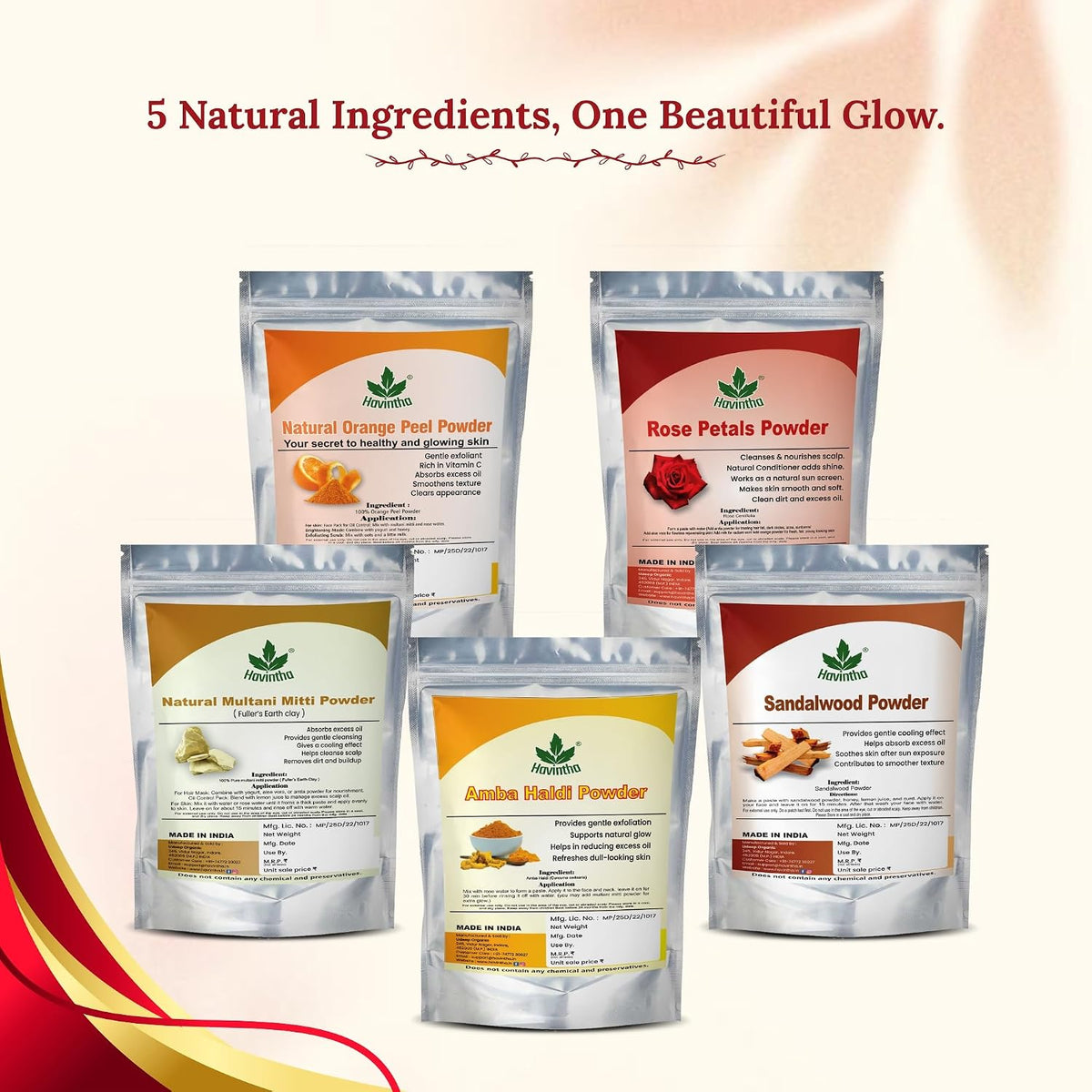 Havintha Natural Face Pack for Healthy and Glowing Skin Combo Pack of Multani Mitti, Sandal Wood, Orange Peel, Rose Petal, Amba Haldi Powder (Each 50gm)
