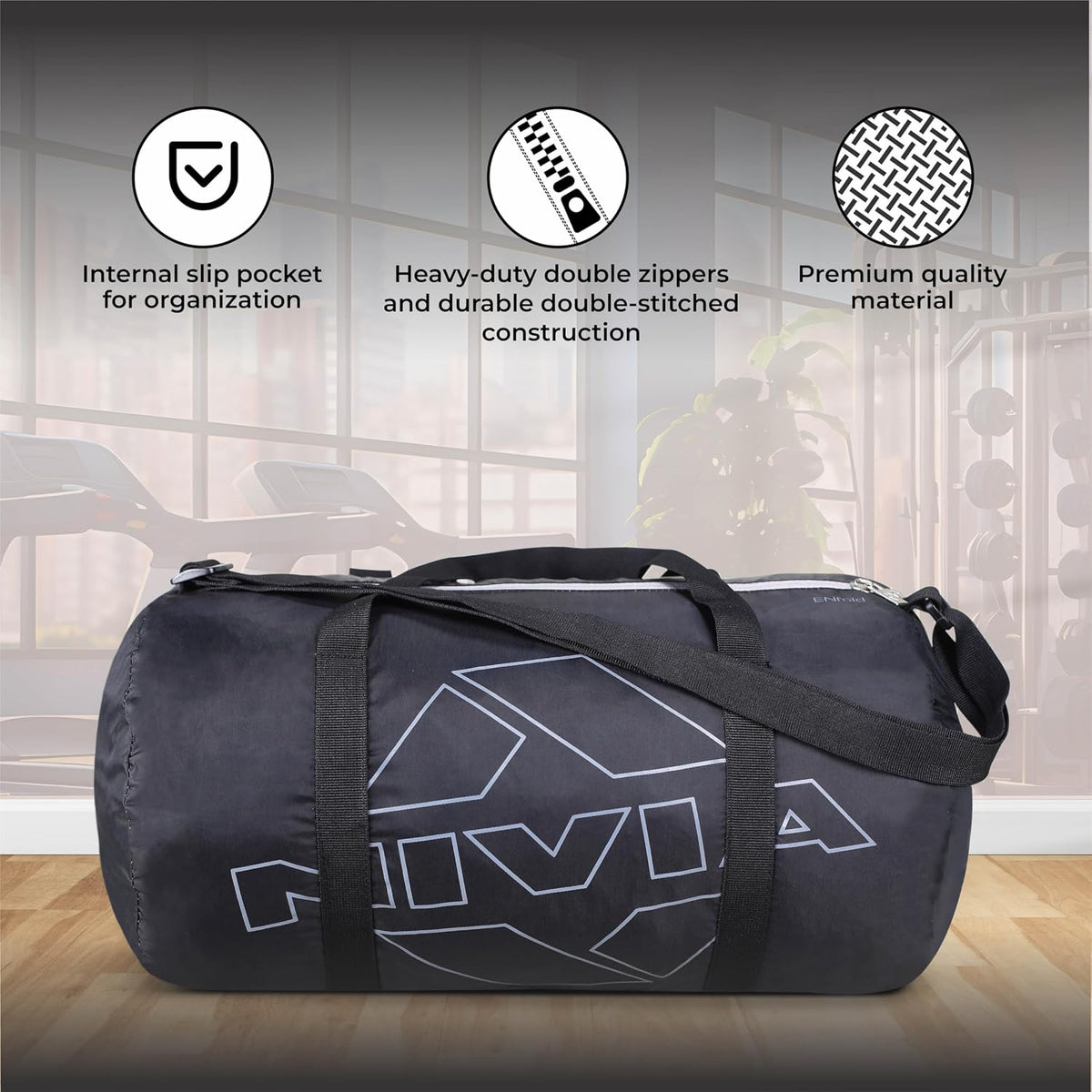 Nivia Enfold 2.0 Duffle Polyester Gym Bags/Adjustable Shoulder Bag for Men/Unisex Sports Carry Bag / 18L Quick Access Pocket/Black - Grey