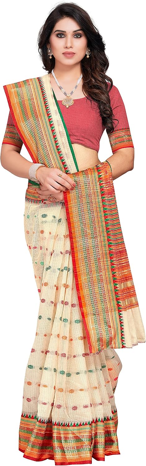 Sidhidata Women's Kota Doria Cotton Manipuri Saree With Unstitched Blouse Piece Cream