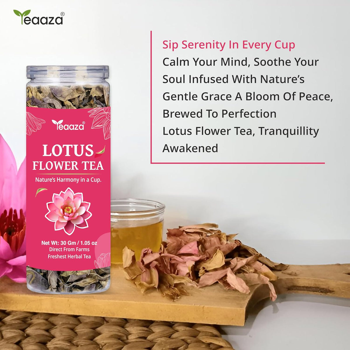 Teaaza Lotus Flower Tea – 30g (60 Cups) | Herbal Caffeine-Free Detox Tea for Sleep & Relaxation | Reusable Pet Jar | Twice Steepable Lotus Flower 30 Gram