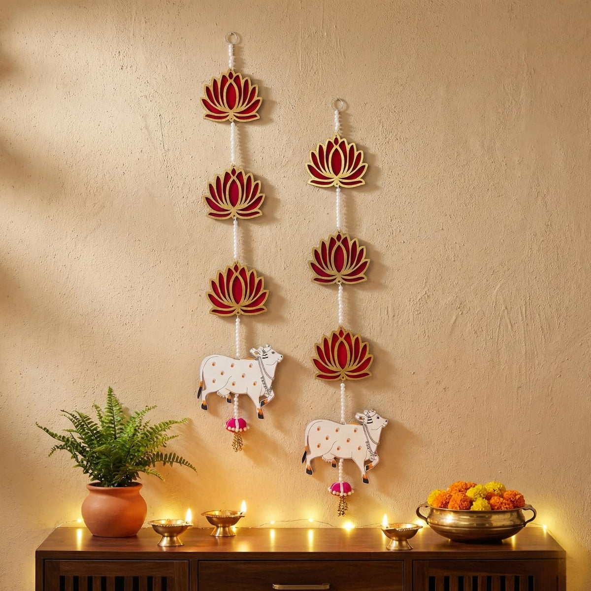 Kalakriti Artificial Blossom Lotus Flowers Garland for Ganpati Diwali Wedding Party Festival Mandir Pooja Room Home Decoration -155 cm/ 5 ft Long, Pack of 4 (Lo