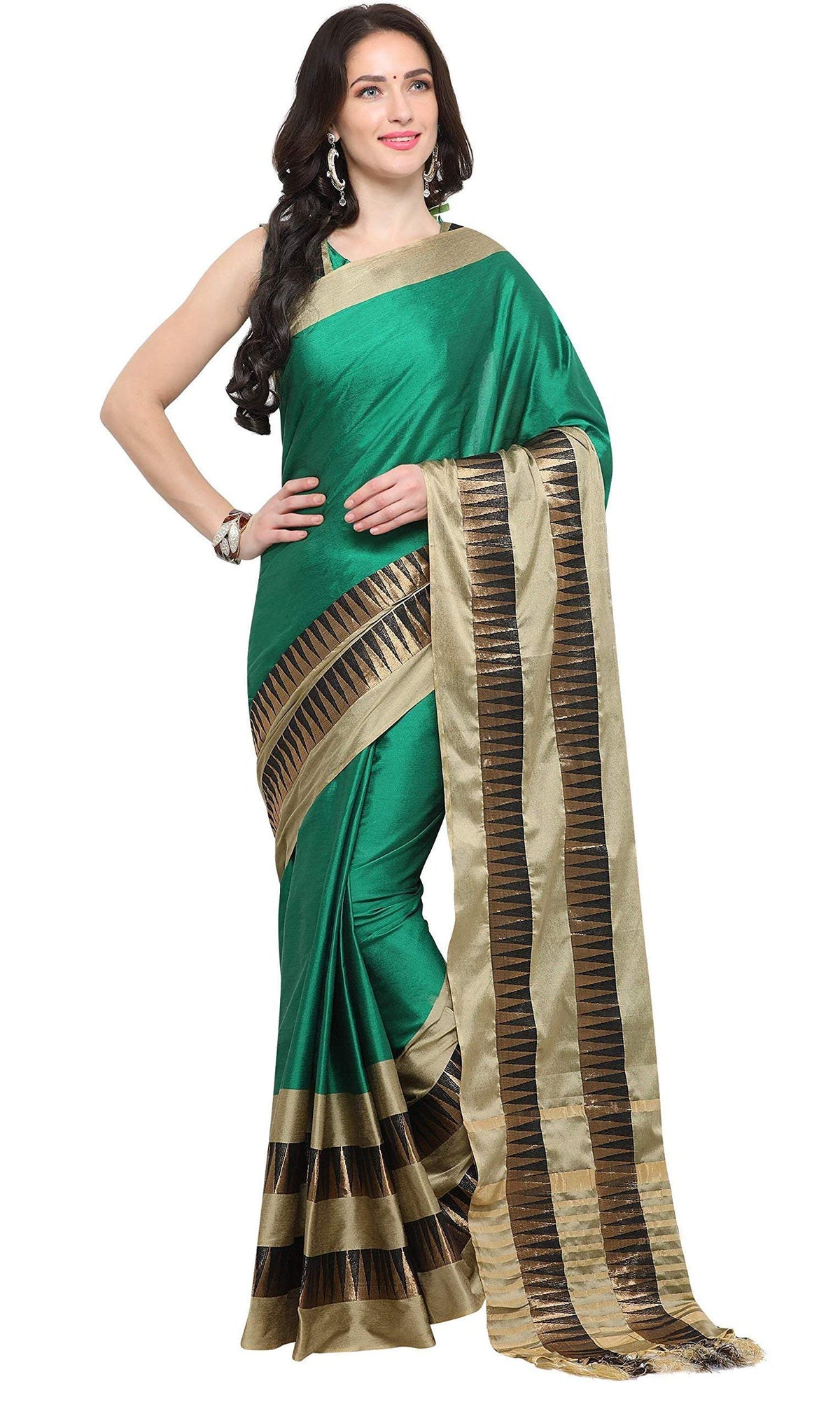 EthnicJunction Women's Silk Cotton Saree With Blouse Piece (EJ1162-1016L_Dark Spring Green)