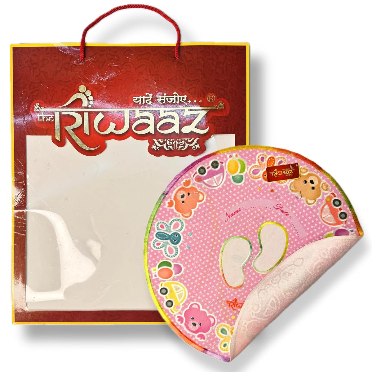 Cotton Kanku Pagla as Ritual to Swaagat welome Born baby Kids at home first time Take Footprint Modern Name Date Printed Design Asan Rumal With Bag (Round)