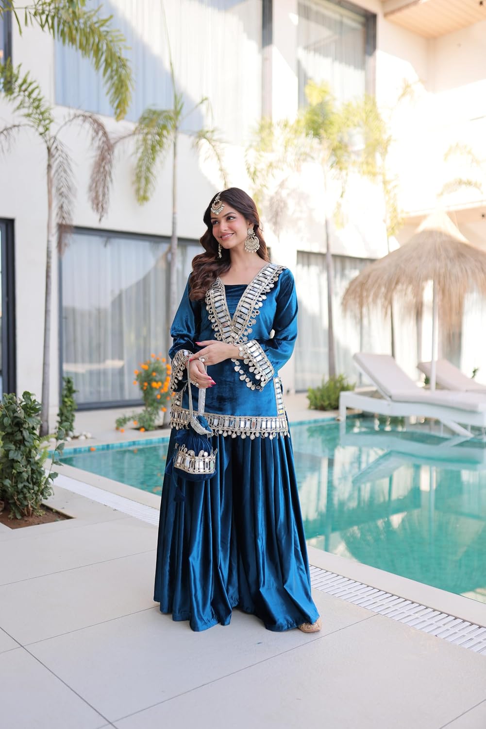 Fashion Dream Women’s Ice Velvet Sharara Set | Mirror Work Palazzo Suit with Matching Potli 44 Blue