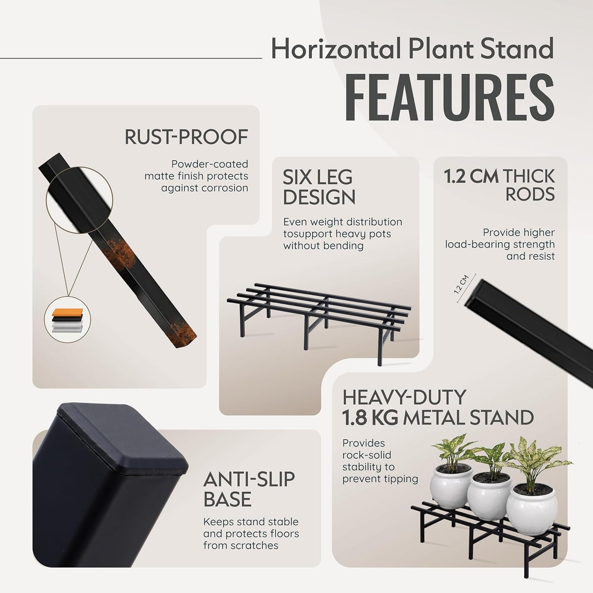 Robustt Horizontal Metal Pot Stand (Set of 2 ) 76x24x18 Cm | Rust-Proof Matte Powder-Coated Pot Stand for Big Size Plants | Supports Up to 200 Kg| Ideal for Bal