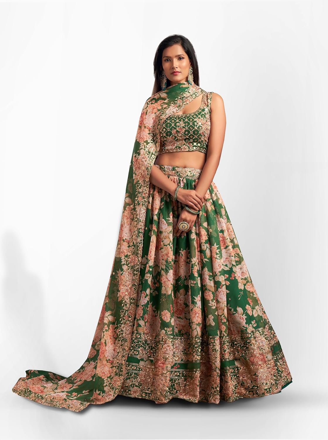 Fashion Dream Green Organza Sequence & Floral Embroidery Lehenga Choli | Heavy Festive Ghagra Choli Set