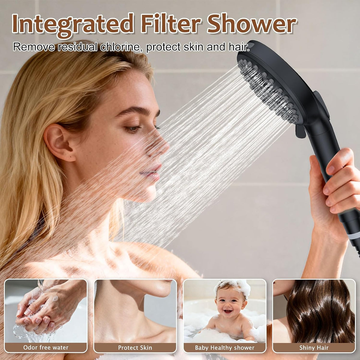 Iriber Mattle Black Round Rain Shower System Faucet Set，Filtered Shower Head with Handheld, Modern Bathroom 9 Spray Mode Showerhead with Filters,Shower Valve Tr