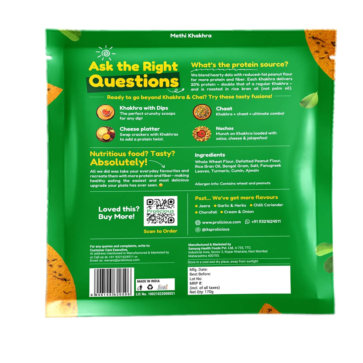 Prolicious Healthy Protein Khakhra| 34g Protein & 17g Fibre Per Pack Per Pack |Vegan Snack|Jain| No Maida |No Palm Oil| 170g (Pack of 4) |Methi Methi 170 g (Pac