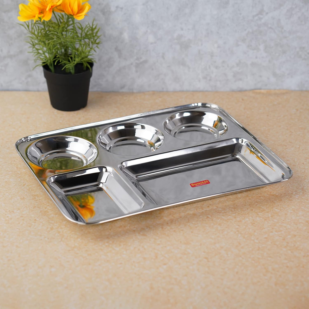 Sumeet Stainless Steel Rectangular 5 in 1 Compartment Lunch/Dinner Plate 1Pc, 37.4cm Dia, Silver BIG 1PC