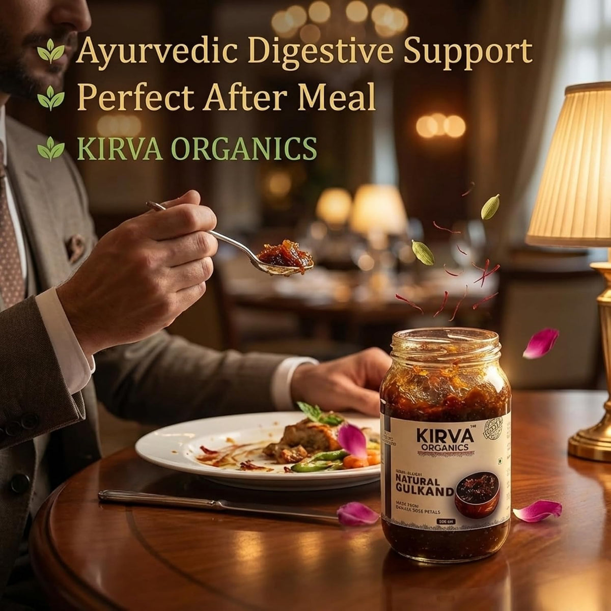 Kirva Organics Natural Gulkand 500g | Sun-Cooked Damask Rose Petals & Rock Sugar | Infused with Kesar & Elaichi | Ayurvedic Digestive & Natural Body Coolant | N