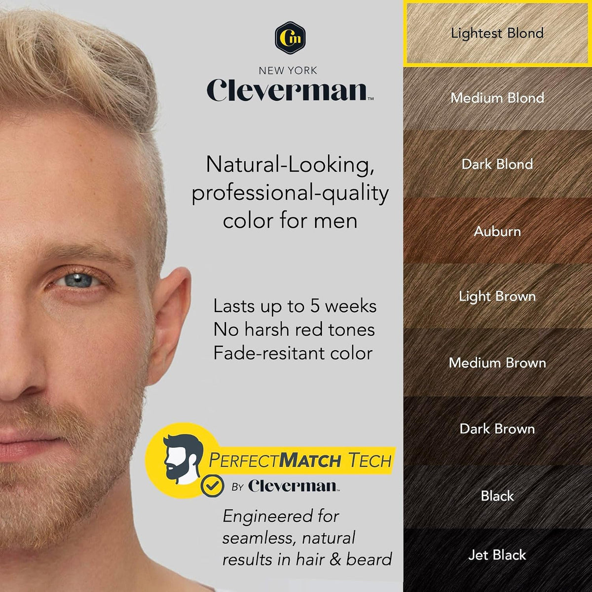 Reusable Hair & Beard Dye for Men – Lightest Blond | Up to 5 Uses, 7 Minutes | Natural Gray Coverage, No-Drip Cream with SkinArmour® – Cleverman Lightest Blond