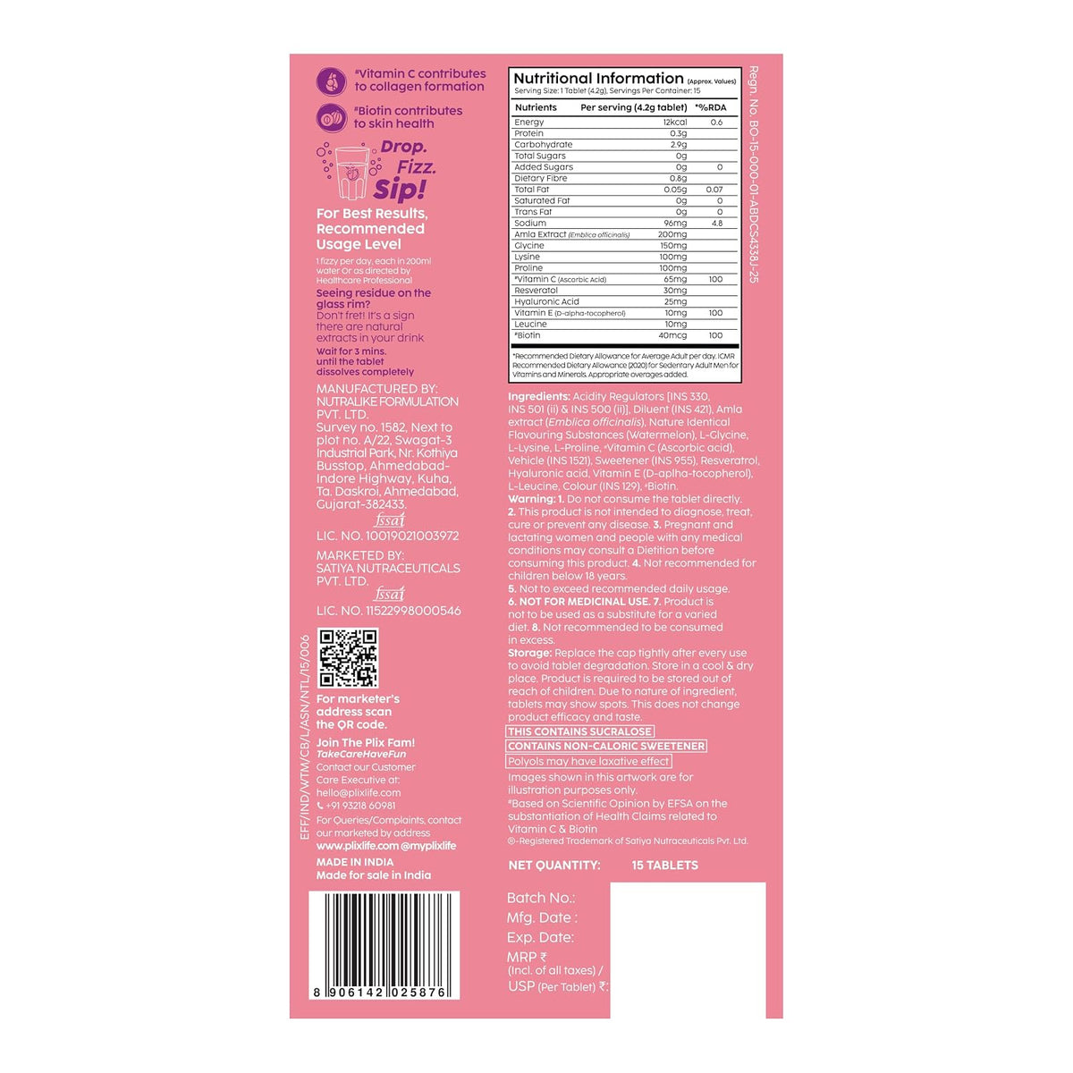 PLIX - THE PLANT FIX Collagen Builder Bubbly Effervescent - 15 Tablets (Watermelon) for Hydrated Skin & Anti-Aging | Amino Acid Blend For Collagen Production |