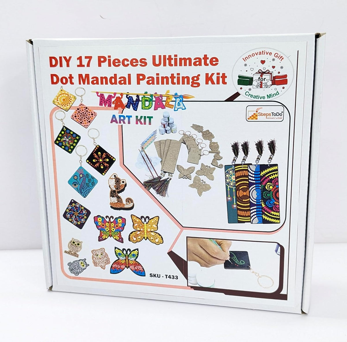 DIY 17 Pieces Ultimate Dot Mandala Painting Kit. Painting Kit with Pre-Mark Wooden Keychain (6), Fridge Magnets (7), Bookmark (4) Tools, Paint Brush, 6 Acrylic