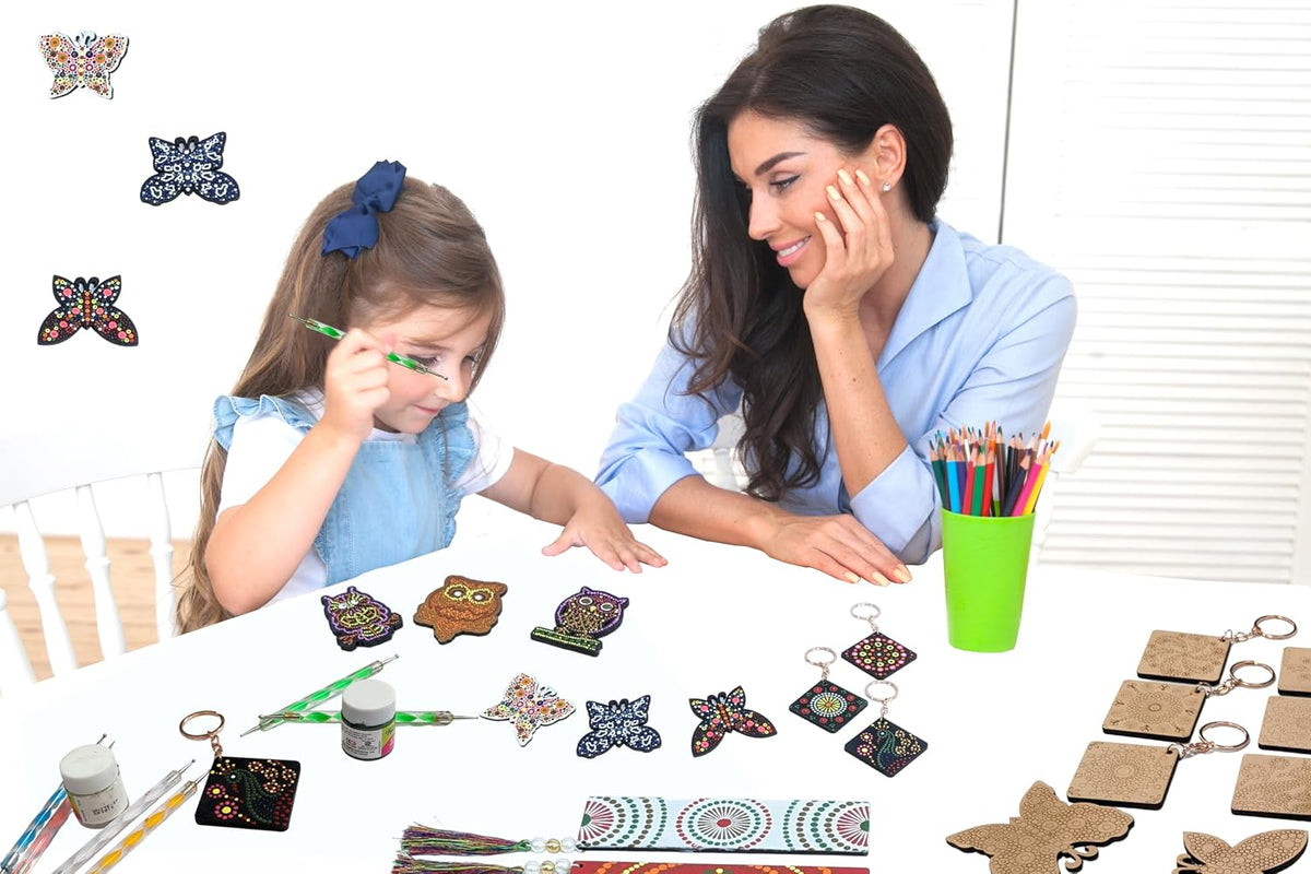 DIY 17 Pieces Ultimate Dot Mandala Painting Kit. Painting Kit with Pre-Mark Wooden Keychain (6), Fridge Magnets (7), Bookmark (4) Tools, Paint Brush, 6 Acrylic