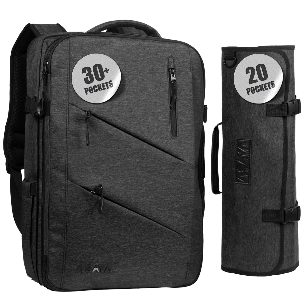 Asaya Chef Knife Backpack with 20 Pocket Knife Roll Bag - Over 30 Pockets for Knives and Kitchen Utensils - Stain Resistant Waxed Nylon - Padded for Extra Prote