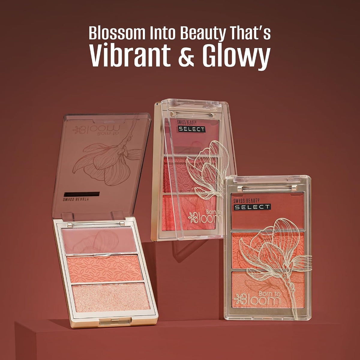 Swiss Beauty Select Born To Bloom Blush + Highlighter |3-in -1 | Cream Blush & Powder Blush | Luminous Highlighter | Blendable & Buildable | With Vitamin E (Che