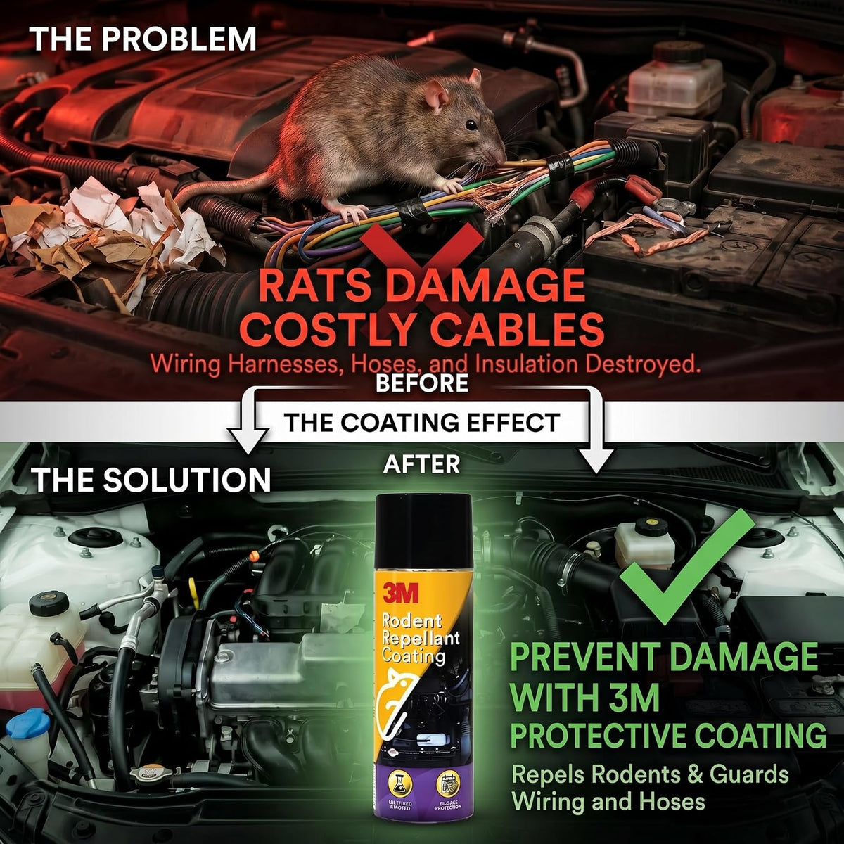 3M Rodent Repellent Coating Spray, Prevents Rat Bites in Engine Parts and Wires, Highly Effective, Leak-Free, Easy-to-Spray, Bitter Taste, No Kill-only Repels (