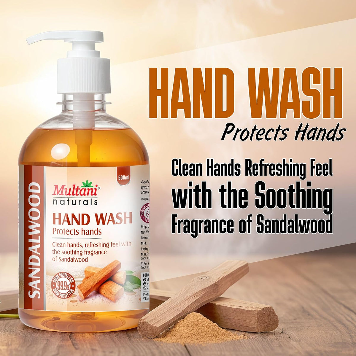 Multani Natural Sandalwood Hand Wash - 500 ml | Gentle Hand Cleanser With Natural Ingredients | Moisturizing Hand Wash | 99.9% Germ Protection Liquid Hand Wash