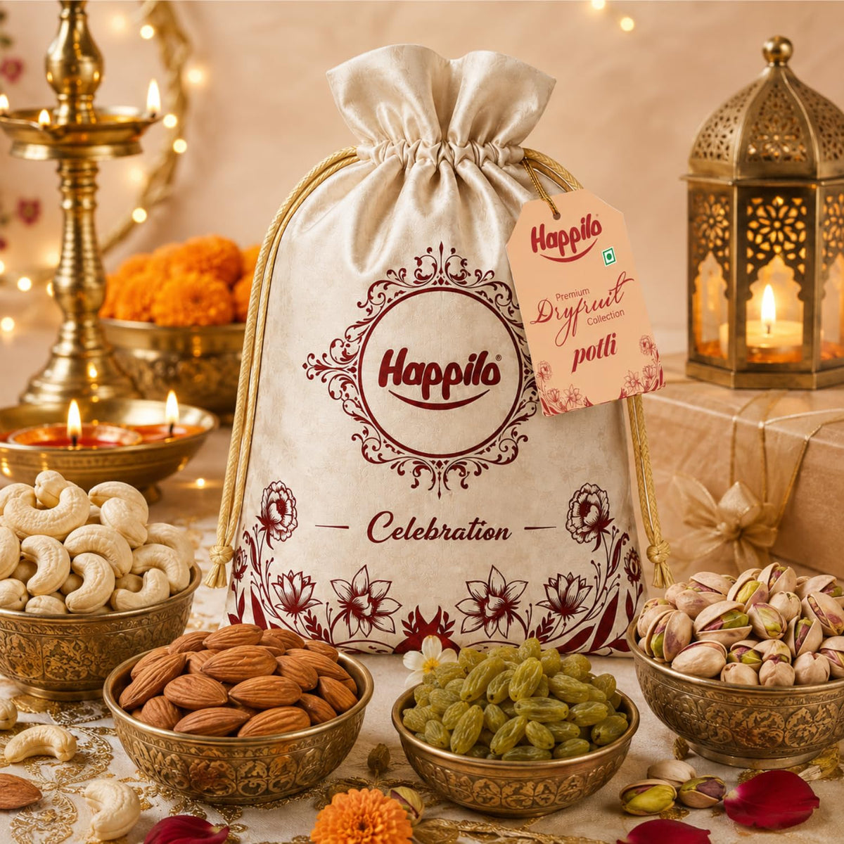 Happilo Dry Fruit Gifitng Potli 500g, Almonds, Cashews, Raisins, Pistachios