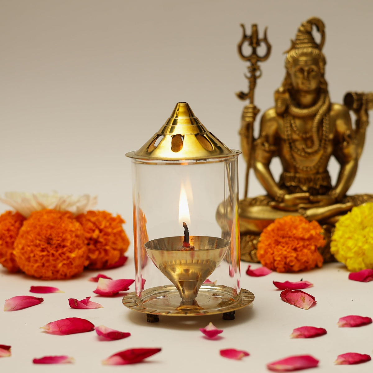 Klassic 4 Inch Navjyoti Akhand Diya with Borosilicate Glass Shade | Pure Brass Oil Lamp for Mandir, Pooja, Daily Prayer, Diwali, Prayer Room, Wick Holder Festiv