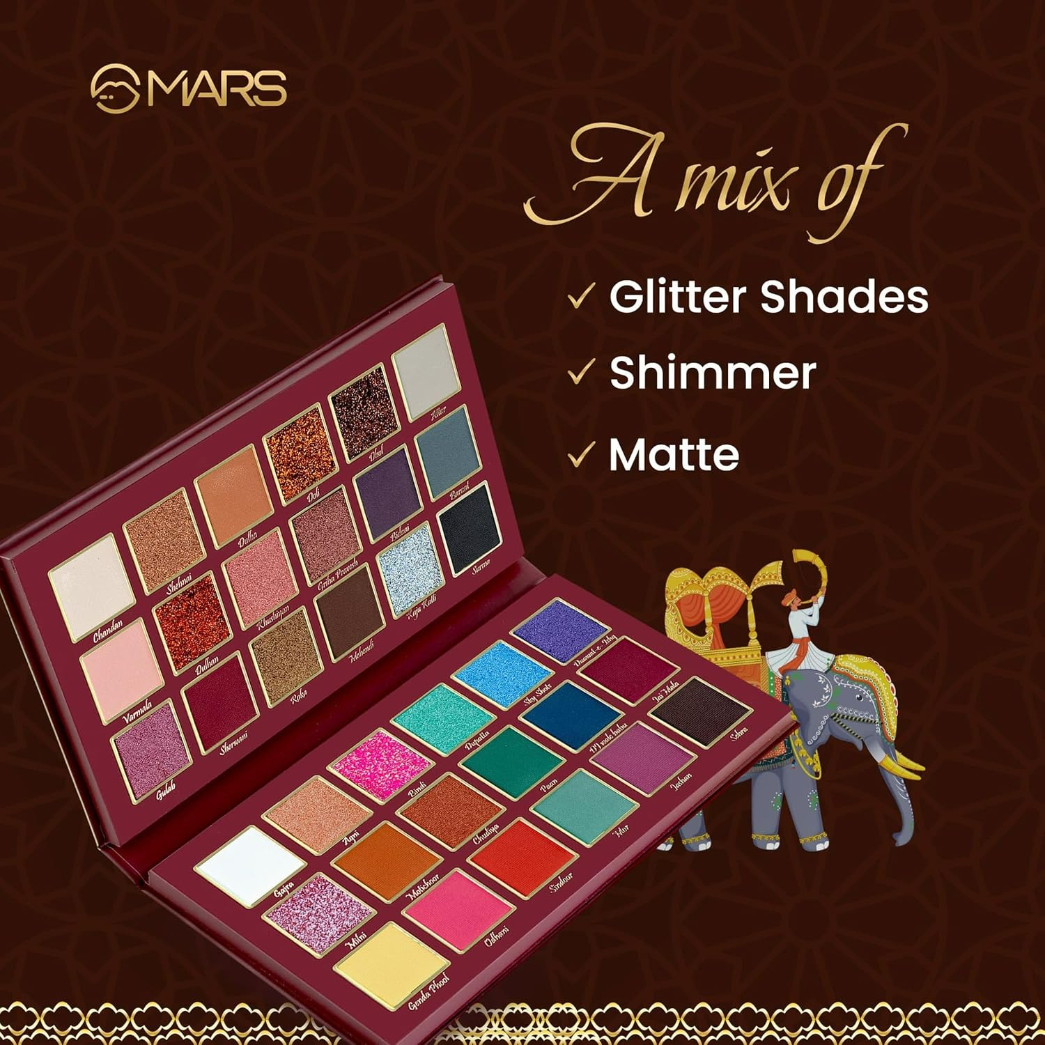 MARS Jashn-e-Shringaar 36 Color Eyeshadow Palette | Matte, Shimmer & Glitter Shades | Highly Pigmented Party Palette (36.0 gm) (Multicolor)