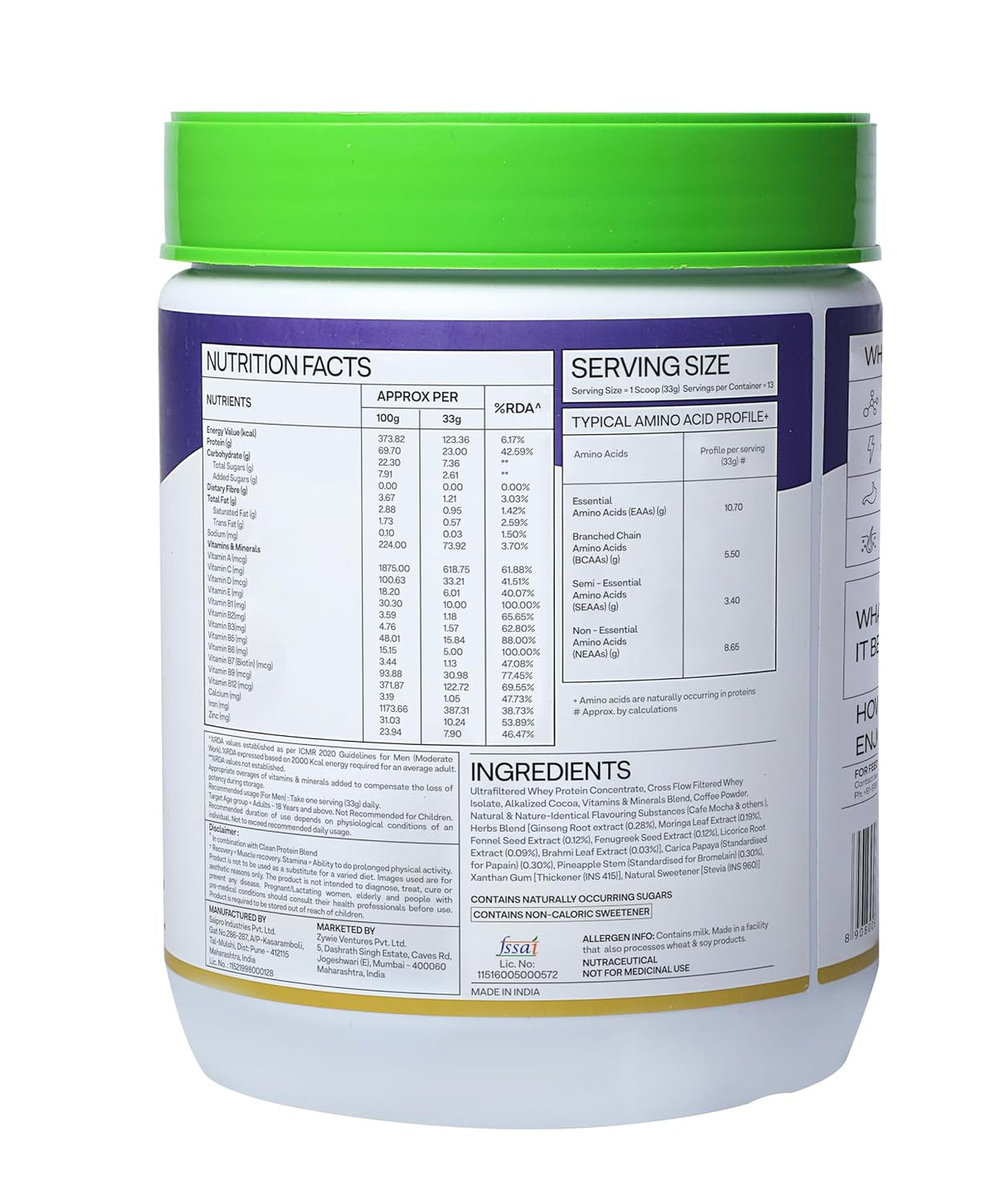 OZiva Protein & Herbs for Men, No Added Sugar, Green Tea, Cafe Mocha, 453g