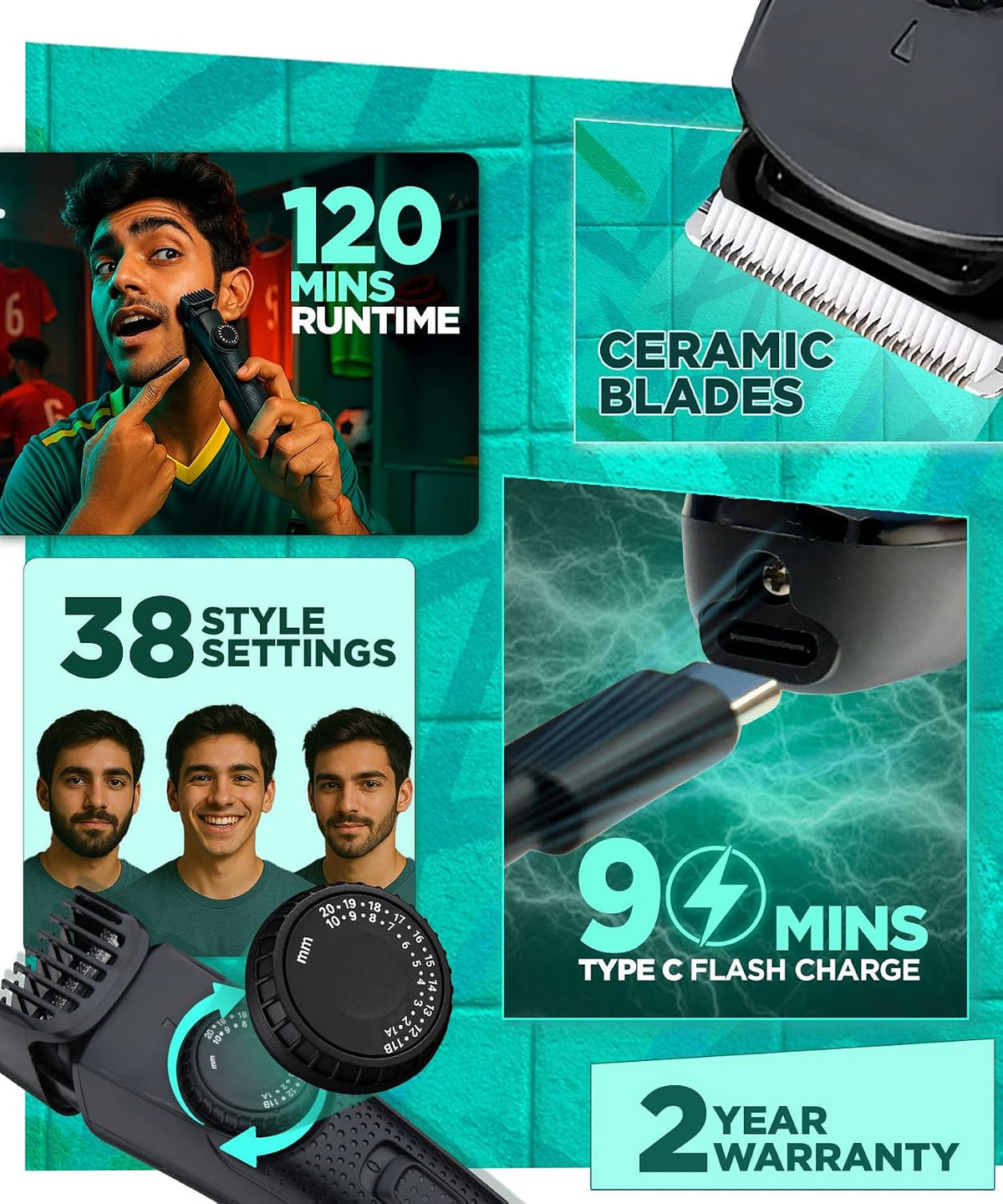 Bombay Shaving Company All Rounder 2-in-1 Trimmer for Men | Beard & Body Grooming with Dual Heads | Ceramic Blades for Sensitive Skin | 38 Style Settings | 120