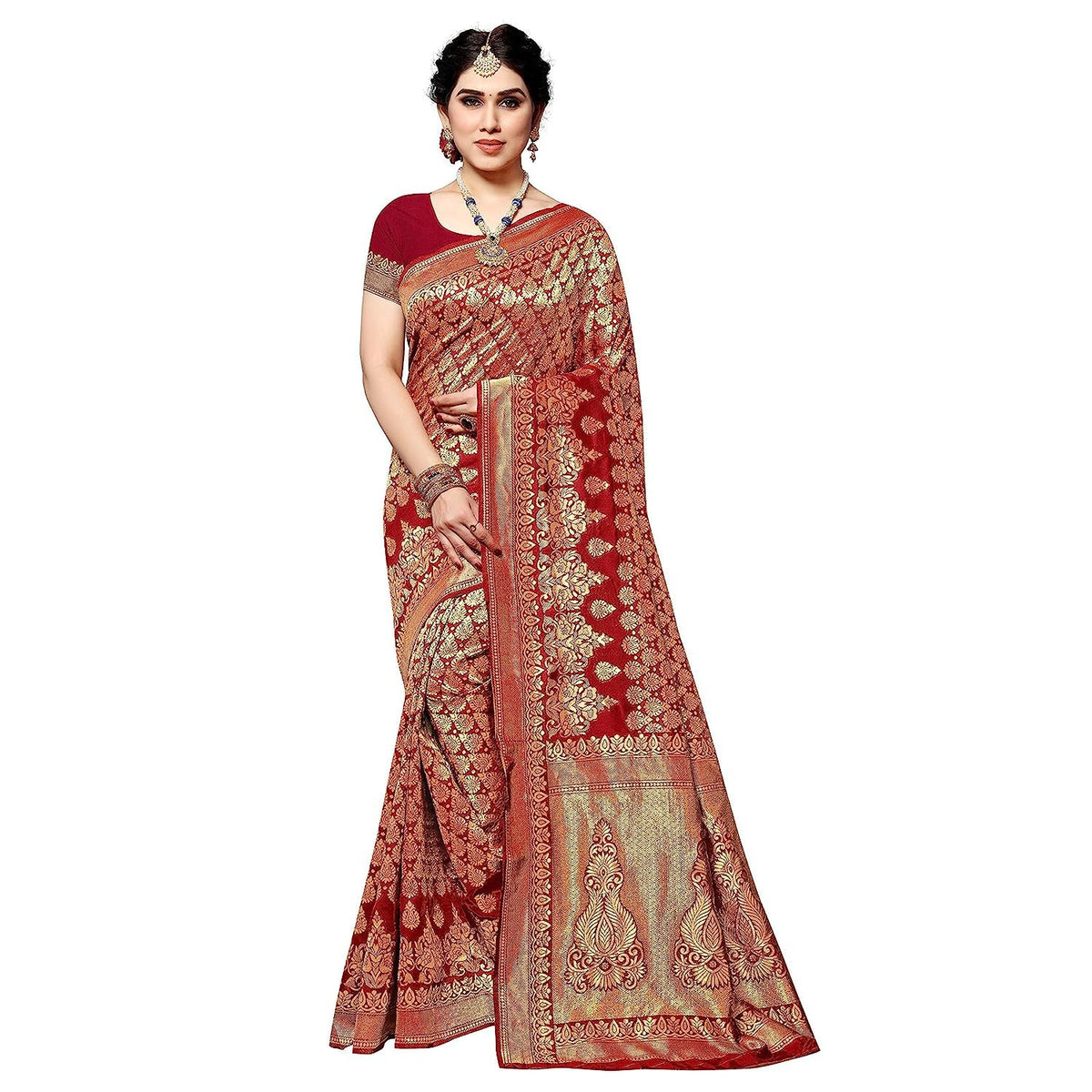 Yashika Banarasi Women's Kanjivaram Navy Silk Saree Red
