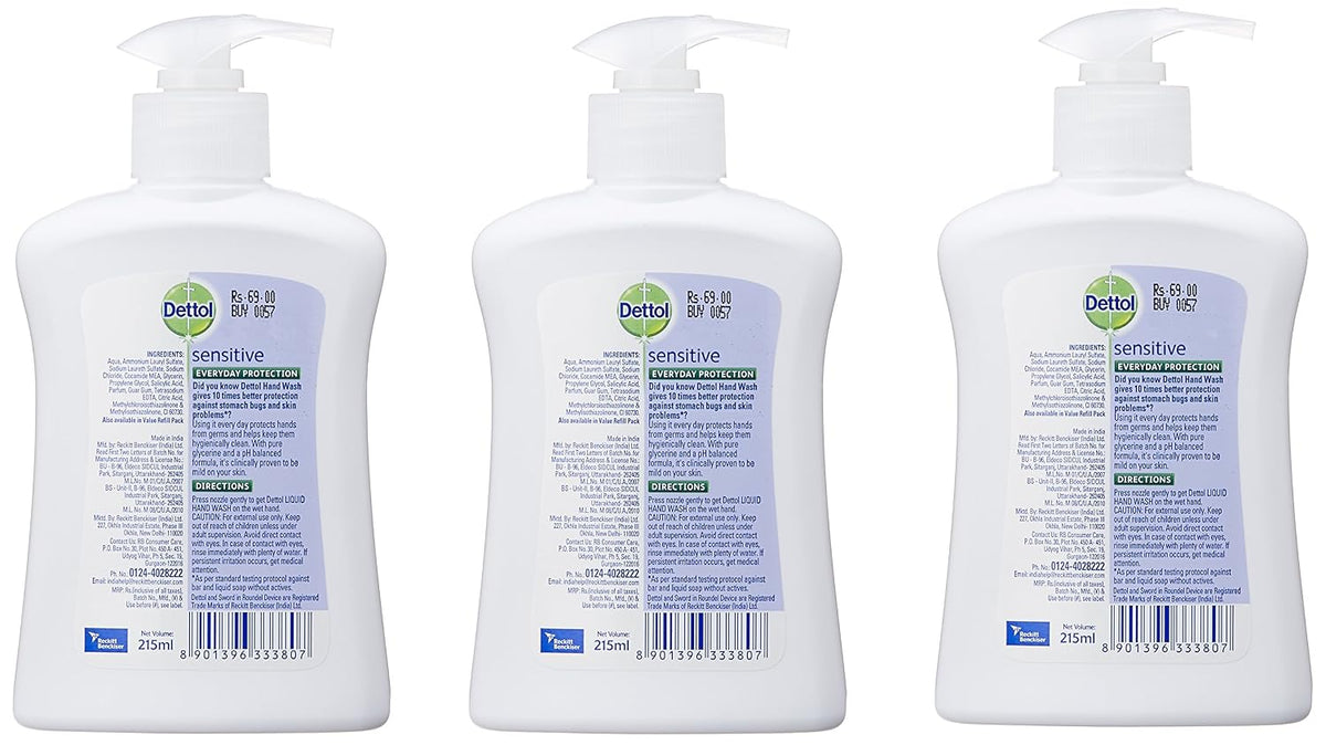 Dettol Sensitive pH Balanced Liquid Soap Handwash Pump - 215 ml (Pack of 3)