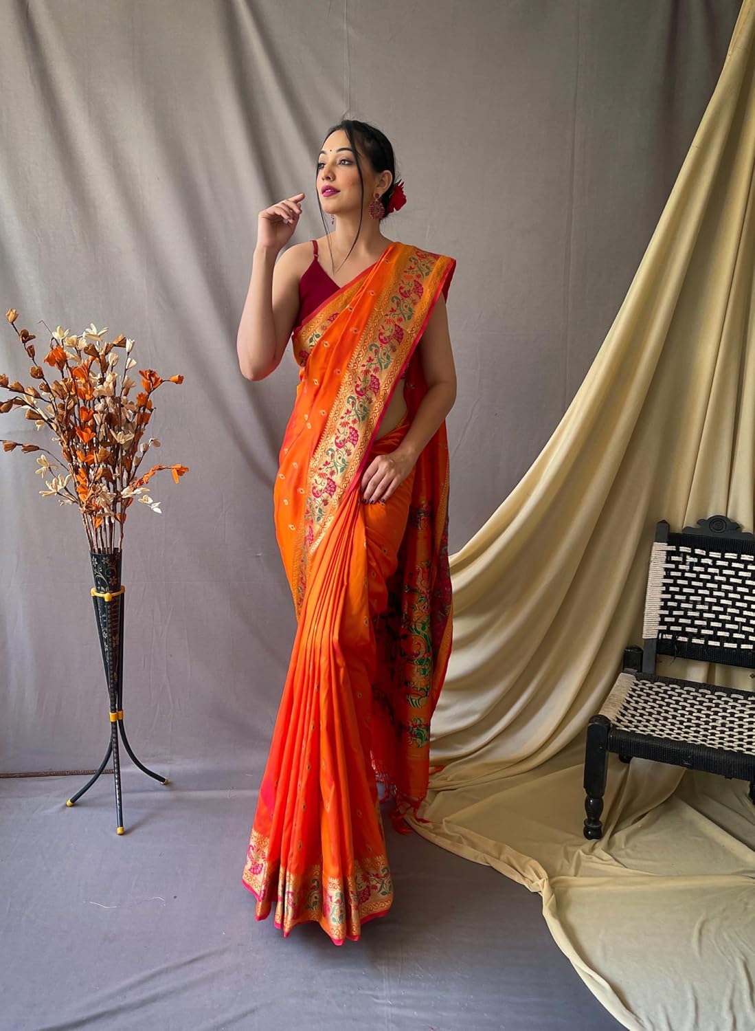 SGF11 Women's Kanjivaram Soft Silk Saree With Blouse Piece 6.3metres Orange