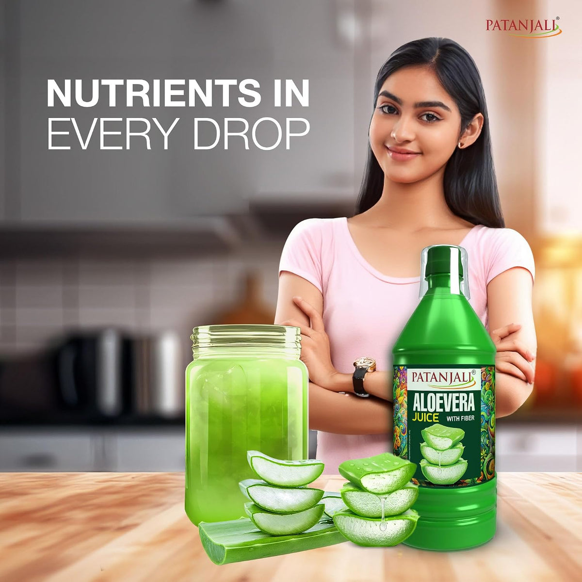 Patanjali Aloe Vera Juice with Fiber, Immunity Booster, Natural Indian Ayurvedic Drink, Gives Glowing Skin, Promotes Hair Growth, Rich in Dietary Fiber - 1L