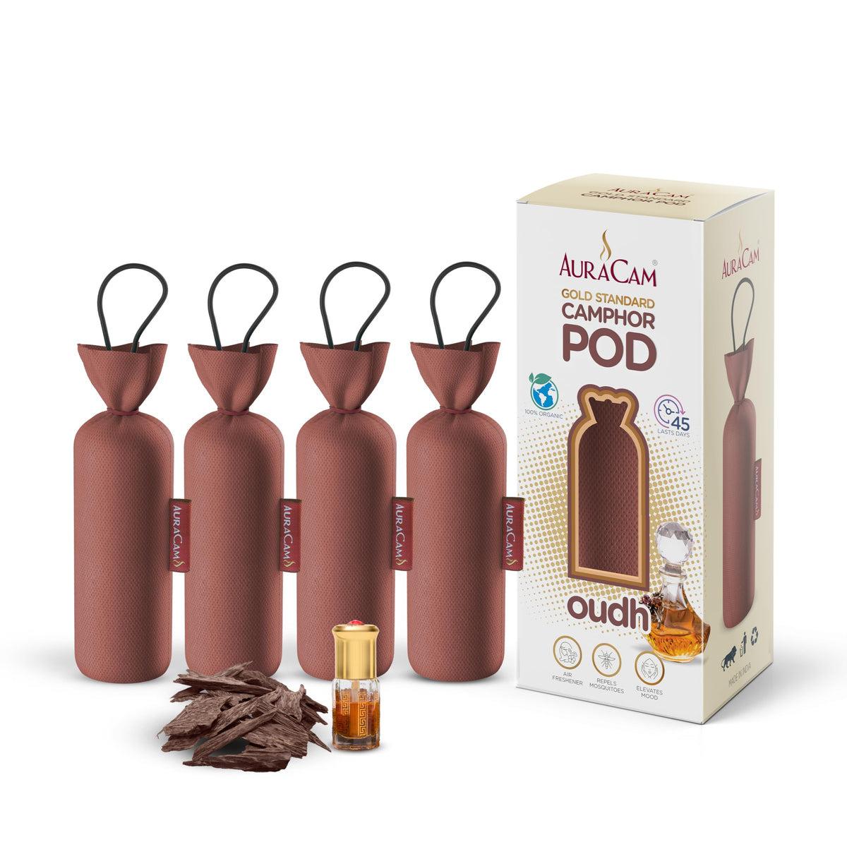 Gold Standard Camphor Pod Cone (Oudh) - Set of 4 - Camphor Pod Air freshener For Room, Car, Bathroom, Office & Toilet | Long-Lasting Cone for Home
