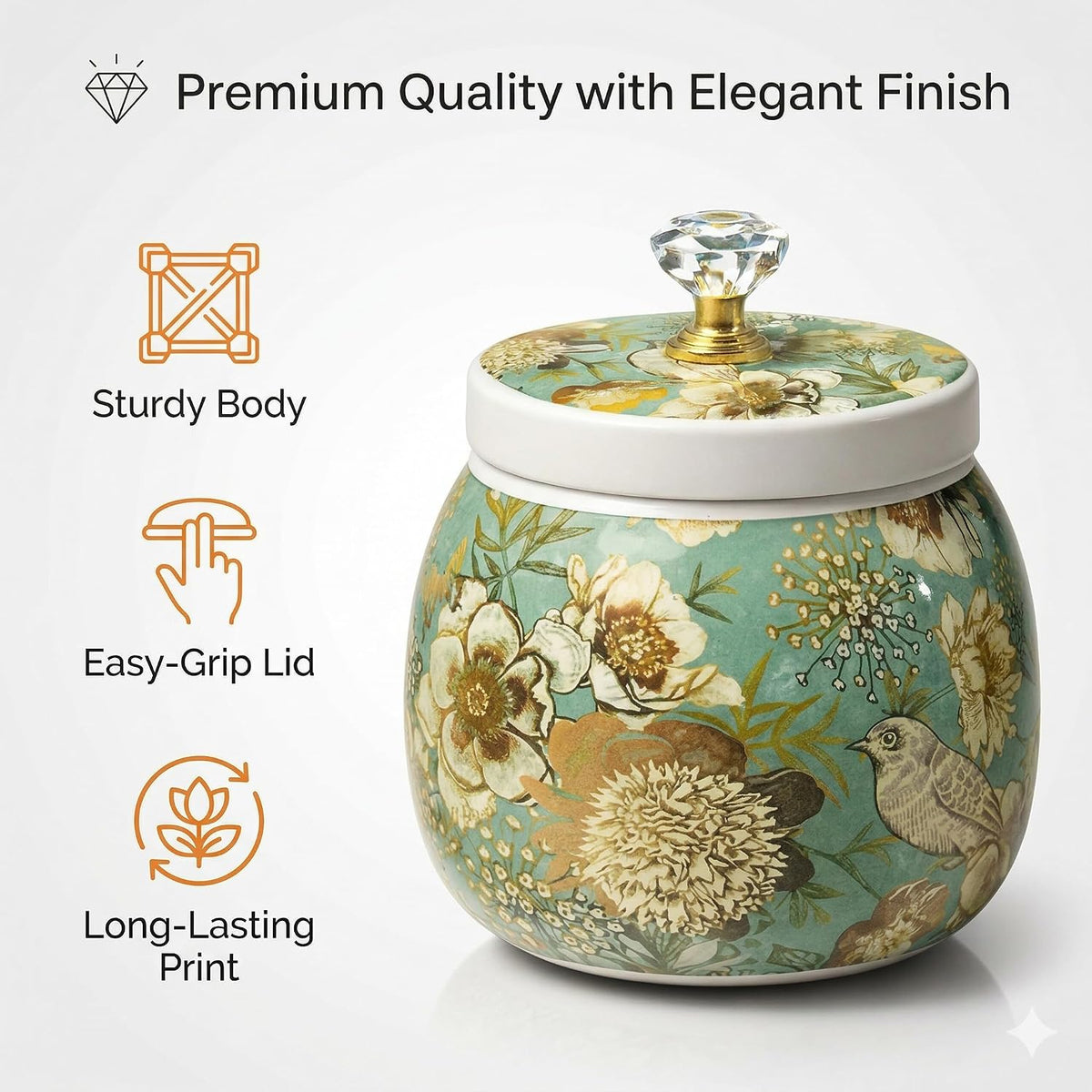 Kalakriti (Set of 2, 4x4 Inch Rust Free Meenakari Design Floral Birds Dryfruits Storage Jar with Airtight Lid Crystal Knob | Stylish Home Kitchen Organizer Cont