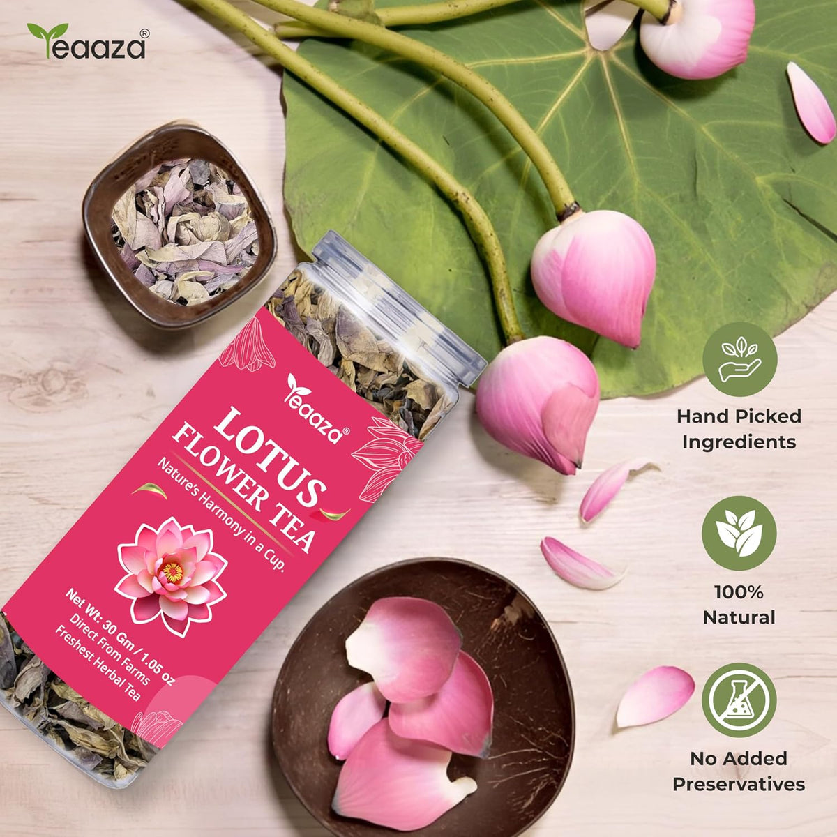 Teaaza Lotus Flower Tea – 30g (60 Cups) | Herbal Caffeine-Free Detox Tea for Sleep & Relaxation | Reusable Pet Jar | Twice Steepable Lotus Flower 30 Gram