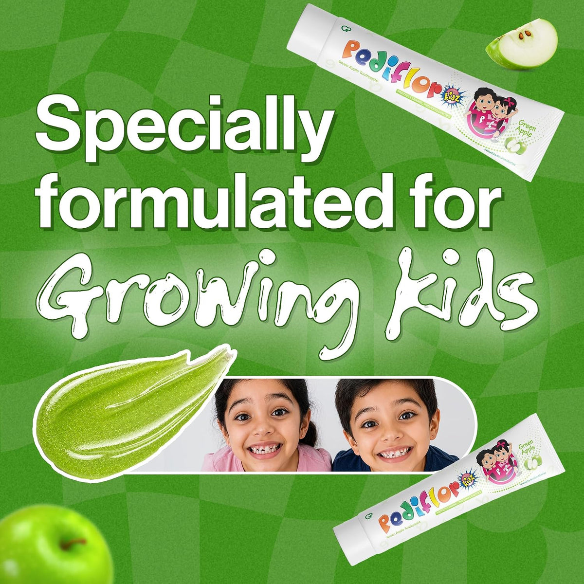 PEDIFLOR Kidz Anti-Cavity Fluoride Green Apple and Orange Flavor Toothpaste for Children | Doctor Recommended | 70g x 2 Pack | Family Combo Pack | Vegan-Friendl