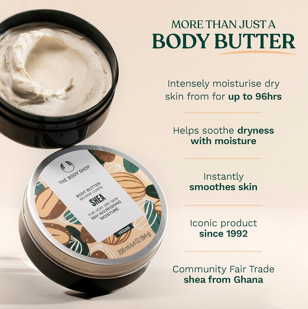 The Body Shop Shea Body Butter, 96H Nourishing Moisture, For Very Dry Skin, Vegan | 200 mL / 6.4 Oz (184g)