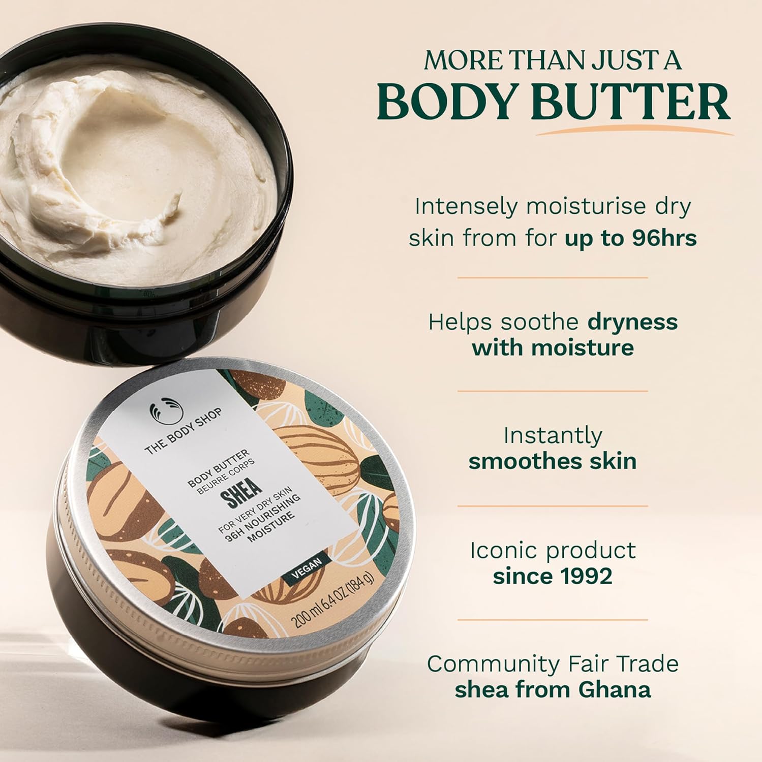 The Body Shop Shea Body Butter, 96H Nourishing Moisture, For Very Dry Skin, Vegan | 200 mL / 6.4 Oz (184g)