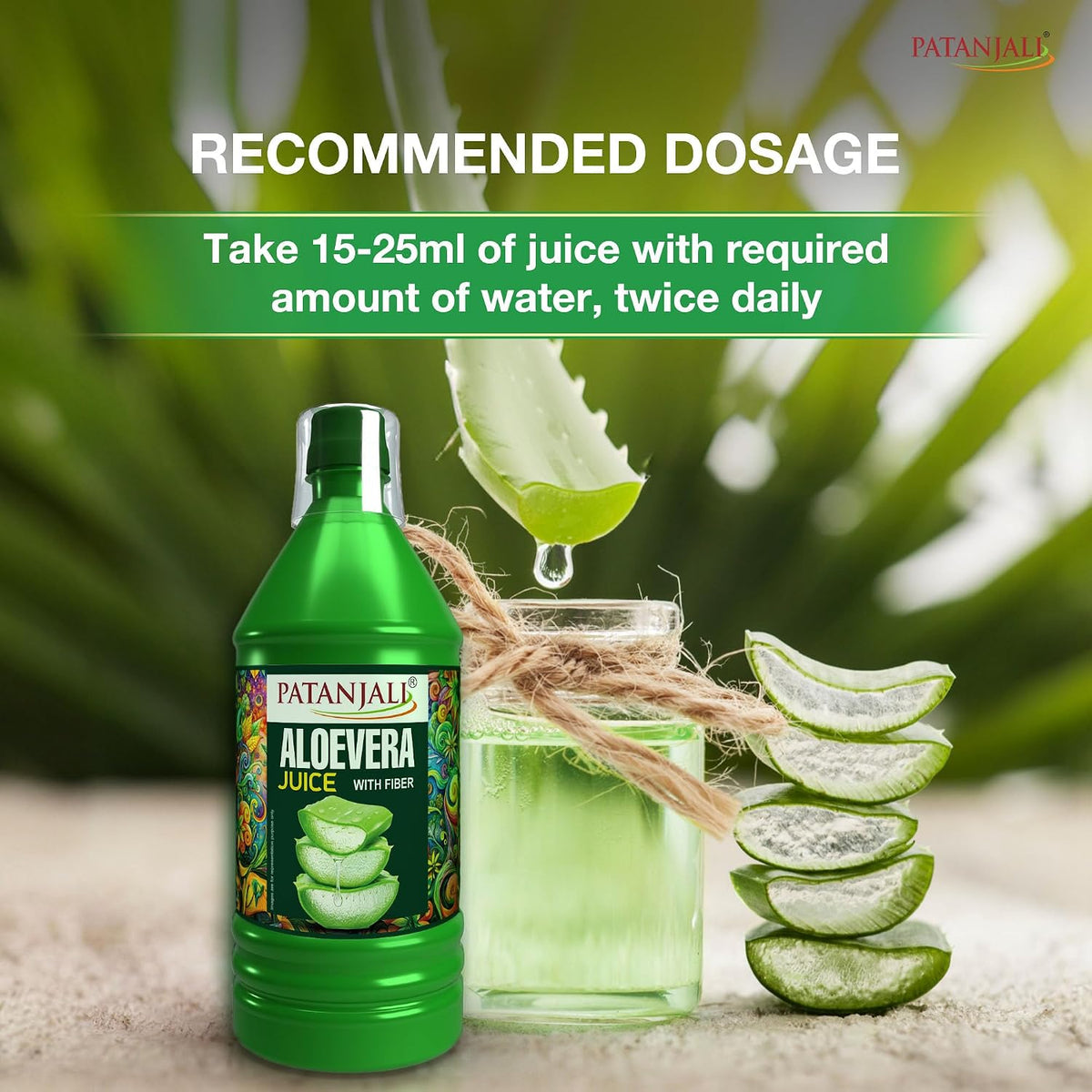 Patanjali Aloe Vera Juice with Fiber, Immunity Booster, Natural Indian Ayurvedic Drink, Gives Glowing Skin, Promotes Hair Growth, Rich in Dietary Fiber - 1L